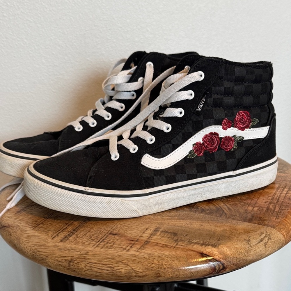 Vans Black and White Kids Shoes with Red Rose Design